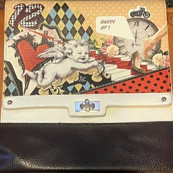 Art Fever Cream and black leather bag with a unique design, with zipper - Picture 2 of 12